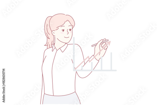 Businesswoman drawing graph with arrow going up. Smiling female employee with chart showing rise in commerce and finance. Business success. Vector illustration.