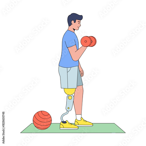 Young man with prosthetic leg lifting dumbbell during workout session  