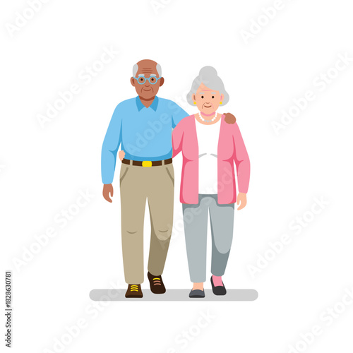 Elderly interracial couple walking together with smiles on white background  