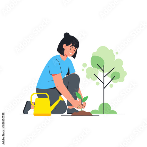 Young Asian woman planting a tree and caring for nature  