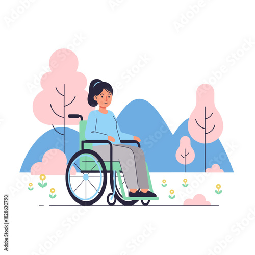 Young disabled woman sitting in wheelchair in nature with trees  