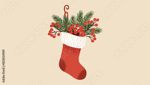 Festive christmas stocking filled with evergreen branches and bright red berries on a beige background