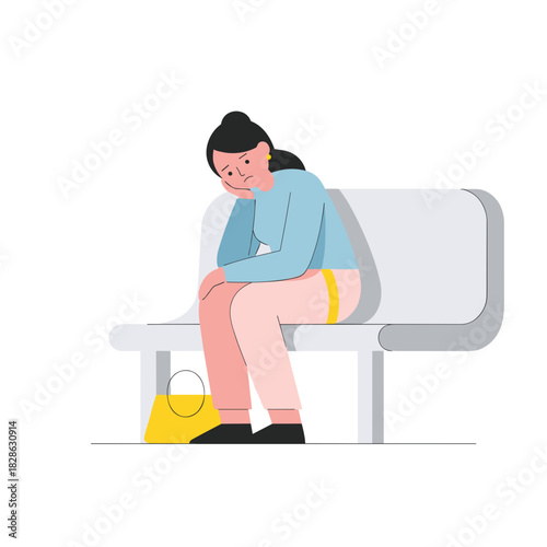 Bored young woman sitting on a bench with a yellow bag waiting  