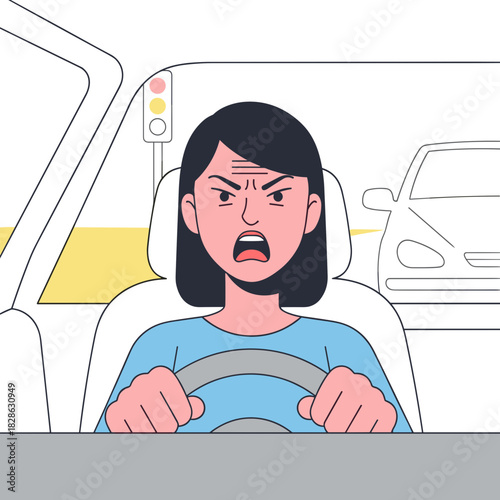 Angry woman driving a car and expressing frustration in traffic  