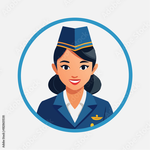 Portrait of a smiling female flight attendant in uniform, framed in a blue circle.