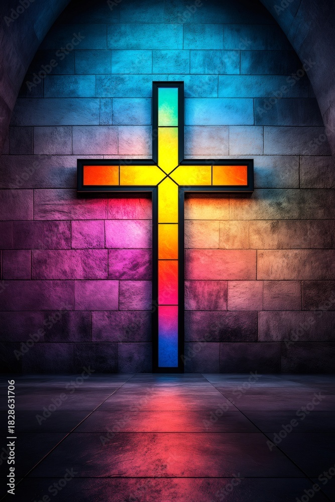 Naklejka premium Christian cross glowing with colorful light in modern church interior