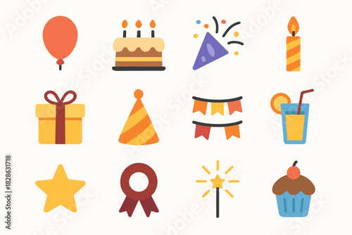 Party balloon drink sparkler hat icons vector cake set star gift cupcake
