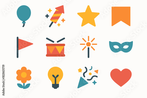 Flower star collection vector light icon drum festival firework flag icons spark
