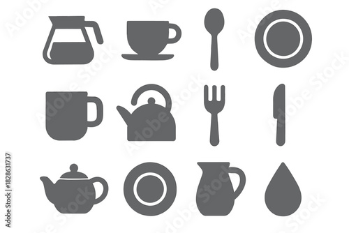 Set kitchenware vector spoon icon drop coffee saucer teapot plate kettle mug