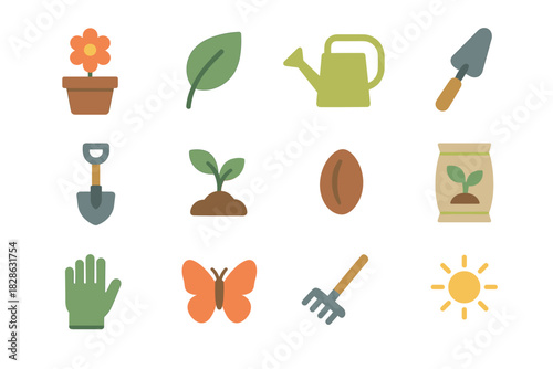 Gardening icon flower bag trowel tools pot vector icons soil seed glove