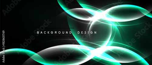 Abstract design features flowing turquoise, white lines over black background. Modern aesthetic, dynamic curves create visual interest.