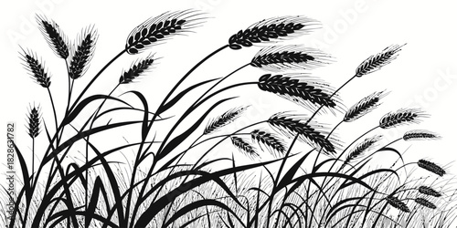 Illustration of black wheat stalks and leaves swaying in the wind on a white background