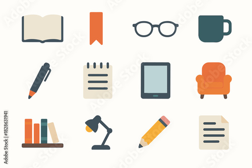 Pen coffee pencil document bookmark icon reading vector bookshelf tablet icons book