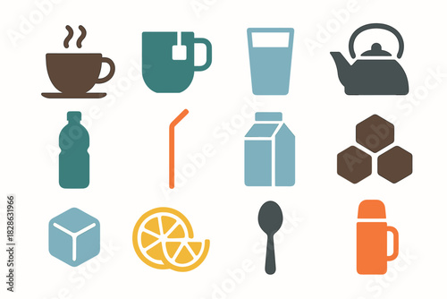Thermos sugar icon set cube coffee cup beverage vector spoon lemon straw