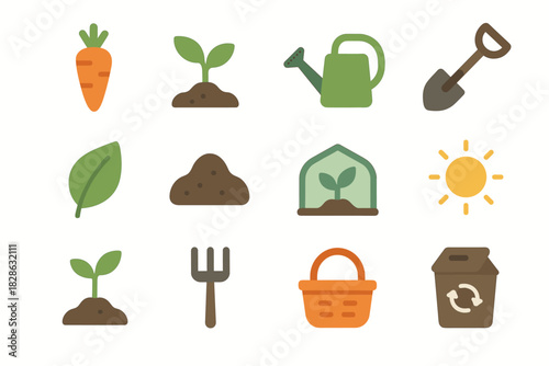 Organic sprout shovel basket icon leaf greenhouse bin vector compost farming icons