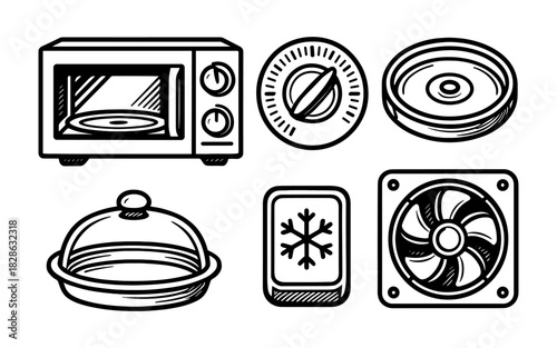 Hand drawn kitchen appliance icons: microwave, knobs, fan, dish cover, temperature control