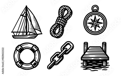 Nautical ink sketches of boat, rope, compass, lifebuoy, chain, pier
