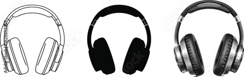 Set of headphone illustrations in outline silhouette and realistic styles vector design for music and audio concepts