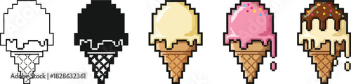 Pixel art ice cream cones set various flavors and styles retro game asset for summer themed designs