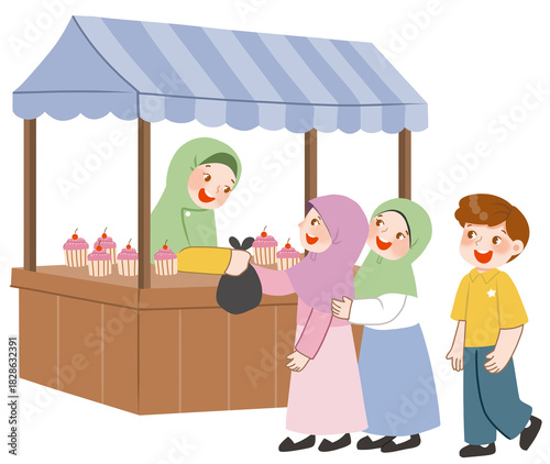 Muslim kids buying food at street food seller