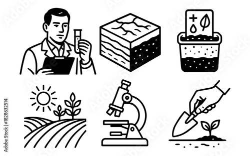 Black and white icons of farming and scientific agriculture