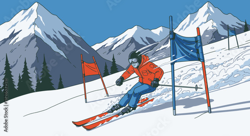 Illustrative Downhill Skier Racing Through Slalom Gates in Snowy Mountain Landscape