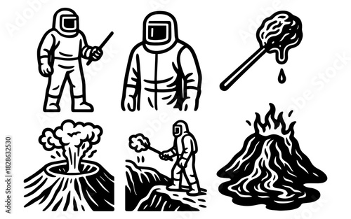 Volcanologist in protective gear and volcanic eruptions icon set