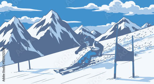 Alpine Skier Navigating Slalom Course Mountains Blue Tones Illustration