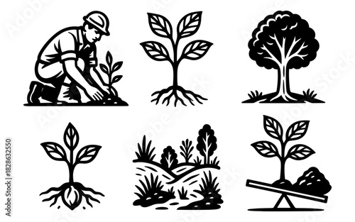 Silhouette icons of planting and growing trees with nature scenes