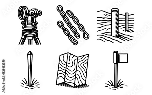 Surveying equipment and tools set: theodolite, chains, markers, and maps in black and white