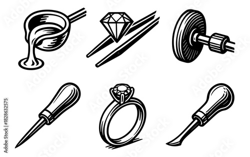 Vintage jewelry craft tools and icons in black and white