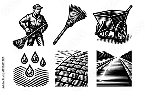 Vintage woodcut style street cleaner with tools and road elements