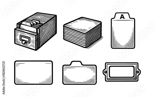 Vintage card catalog drawer set with index cards and tabbed dividers in black and white