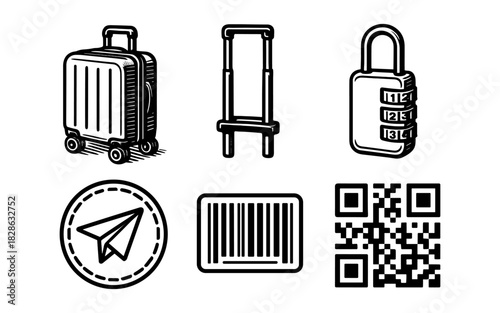 Travel essentials sketch: luggage, cart, lock, barcode, qr code, paper plane