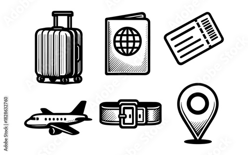 Travel essentials: vintage luggage, passport, and flight icons