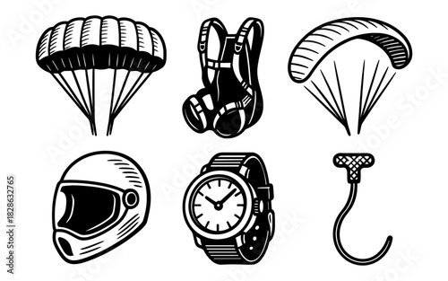 Adventure gear icons: parachute, helmet, harness, and more in vintage style
