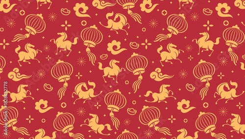 A seamless pattern with golden horses, lanterns, and clouds on a red background in a festive style