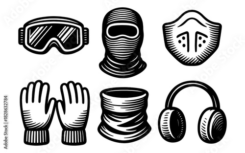 Winter sports gear icons: monochrome set of goggles, balaclava, mask, gloves, neck warmer, earmuffs