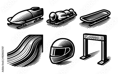 Bobsledding elements: classic woodcut style with sleds, track, helmet, and finish line