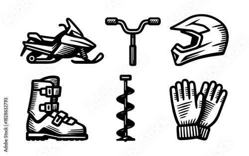 Winter sports icons featuring snowmobile, helmet, ski equipment, and ice auger in black and white design
