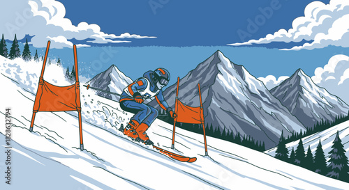 Cartoon Skier Racing Downhill Slalom on Sunny Mountain