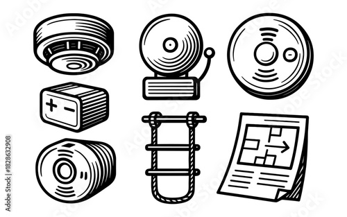 Emergency equipment icons in black and white sketch style for safety plans