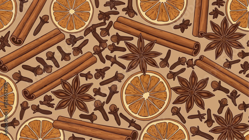 Seamless pattern with cinnamon sticks star anise cloves and orange slices on a beige background design