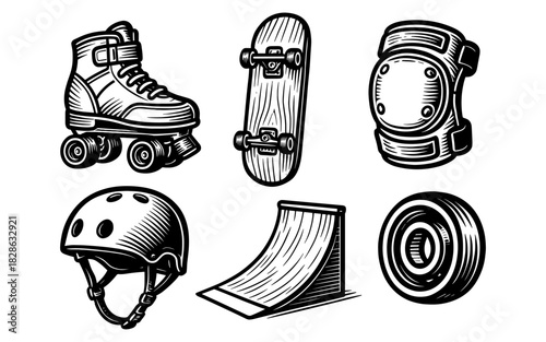 Vintage skate gear collection: roller skates, skateboard, helmet, and ramp in bold black and white
