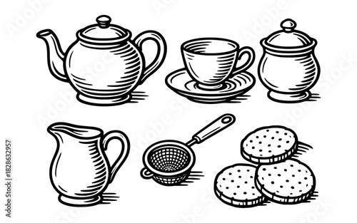 Vintage tea time set with teapot, cup, and biscuits in hand drawn style