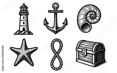 Nautical icons set: lighthouse, anchor, nautilus, starfish, rope, treasure chest
