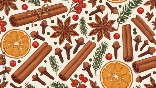 Seamless pattern with cinnamon sticks star anise cloves orange slices and red berries on a light background