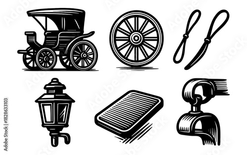 Vintage carriage elements: classic coach, wheel, lantern, pedal, handle