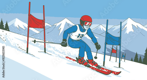 Downhill ski racer cartoon, snow mountain competition illustration
