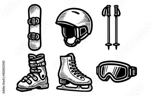 Retro winter sports gear in vintage black white style: snowboarding skiing essentials